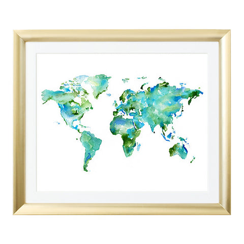 World Map Watercolor Art Print in Green